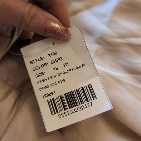 NWT Dessy Collection Off Shoulder Satin Maxi Dress Champagne Cream Color Size 18 - Picture 11 of 15